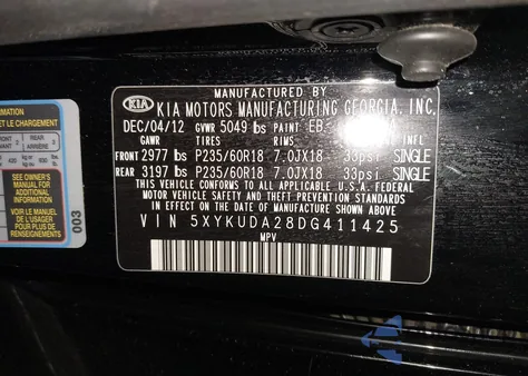 2013 Kia Sorento Ex V6 z USA, uszkodzony, nr VIN 5XYKUDA28DG411425